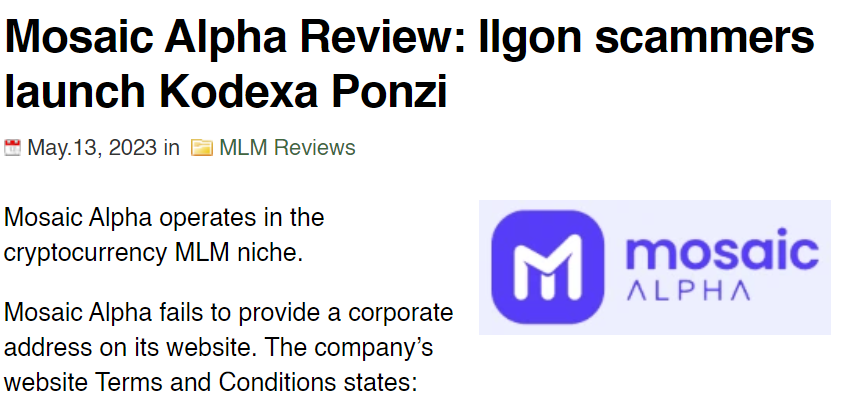 Mosaic Alpha Review: Ilgon scammers launch Kodexa Ponzi