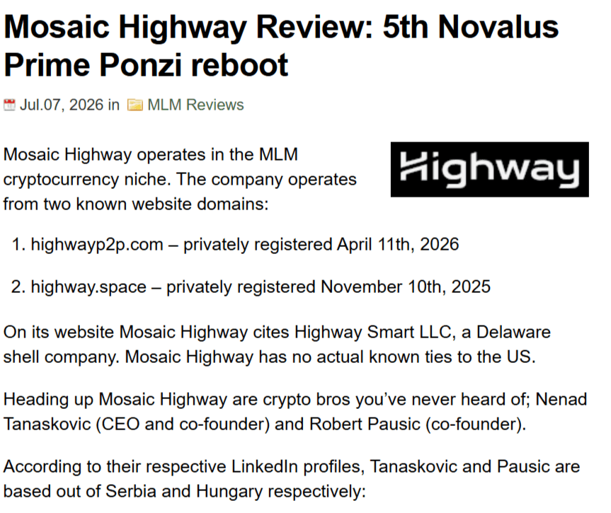 Mosaic Highway Review: 5th Novalus Prime Ponzi reboot